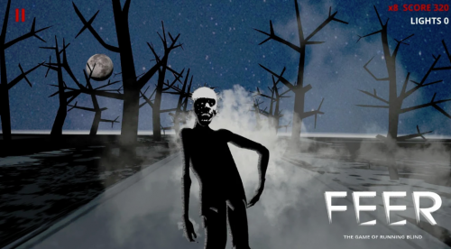 Image of the Feer game screen sowing a Zombie appearing from the fog on a deserted road