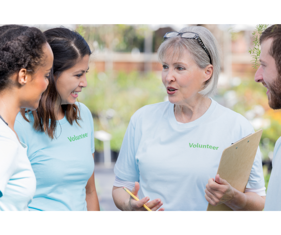 image of a group of volunteers having a discussion with a middle-aged white woman talking to three volunteers.